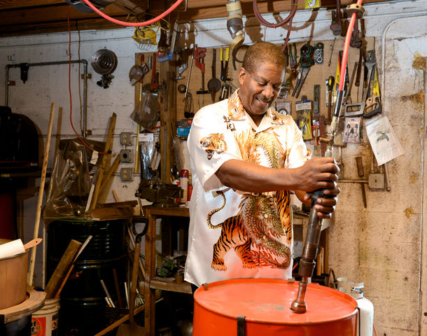 Michael sinking an oil drum
