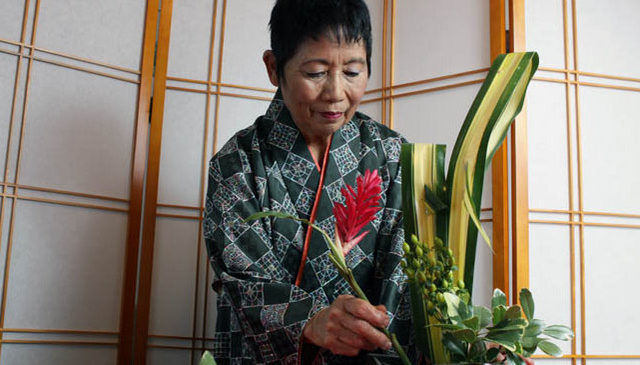 Mieko working on an ikebana piece